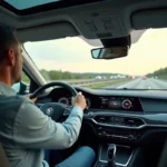 Homme d'âge moyen conduisant une berline moderne sur l'autoroute