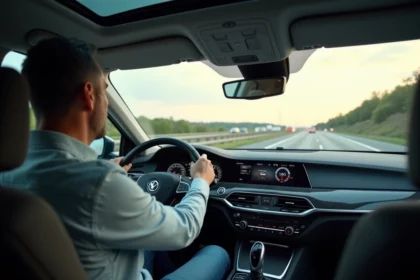 Homme d'âge moyen conduisant une berline moderne sur l'autoroute