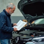Homme regardant un diagramme de fusibles dans le moteur d'une Megane