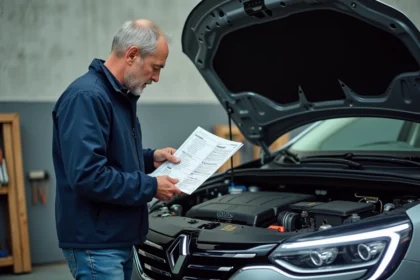 Homme regardant un diagramme de fusibles dans le moteur d'une Megane