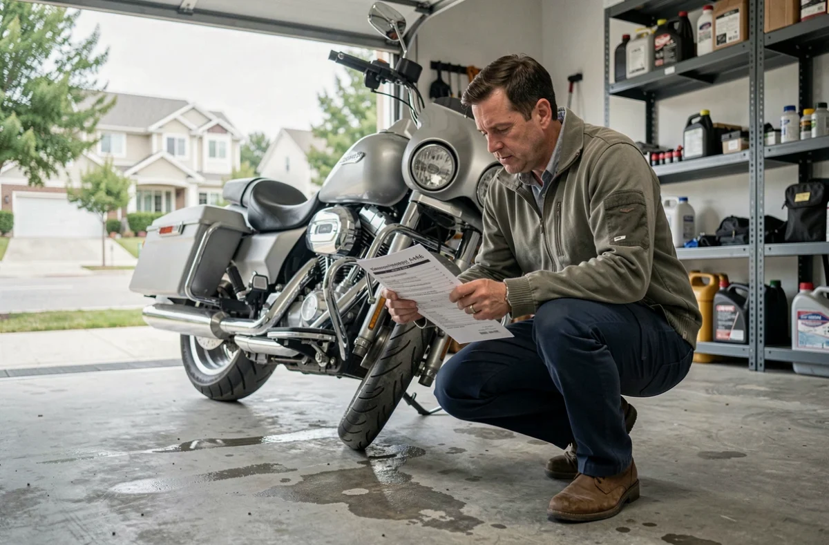 Homme examinant un contrat d'assurance moto dans un garage résidentiel à côté de sa moto de tourisme