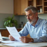 Homme d'âge moyen compare documents d'assurance voiture