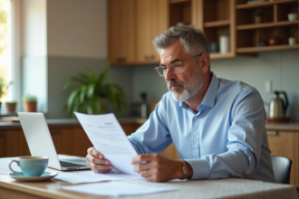 Homme d'âge moyen compare documents d'assurance voiture