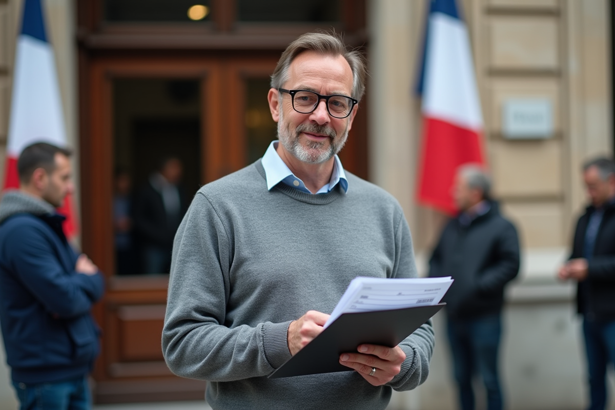 Homme vérifiant dossier de carte grise devant bâtiment officiel