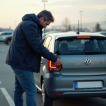 Homme en veste marine retire une plaque d'immatriculation