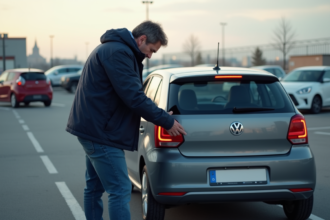 Homme en veste marine retire une plaque d'immatriculation