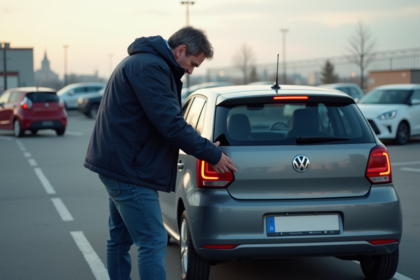 Homme en veste marine retire une plaque d'immatriculation