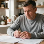 Homme stressé examinant des documents d'assurance auto après résiliation, assis à une table en bois