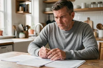 Homme stressé examinant des documents d'assurance auto après résiliation, assis à une table en bois