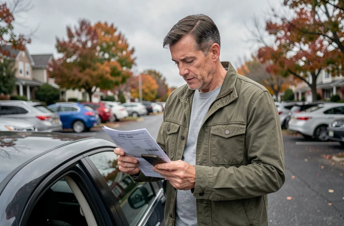 Homme consultant des documents d'assurance auto debout près de sa voiture dans un parking extérieur