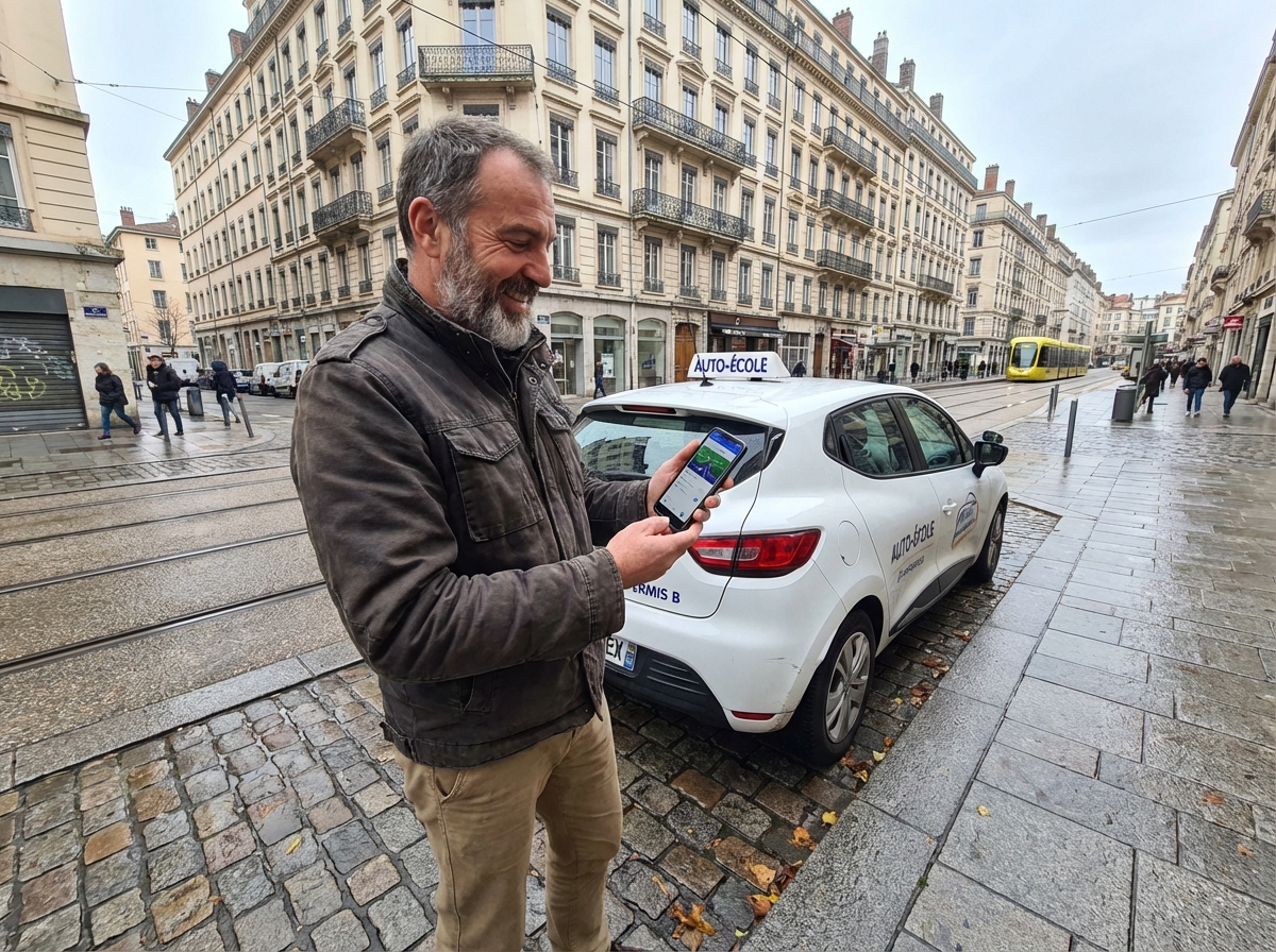 Homme vérifiant une leçon de conduite à Lyon