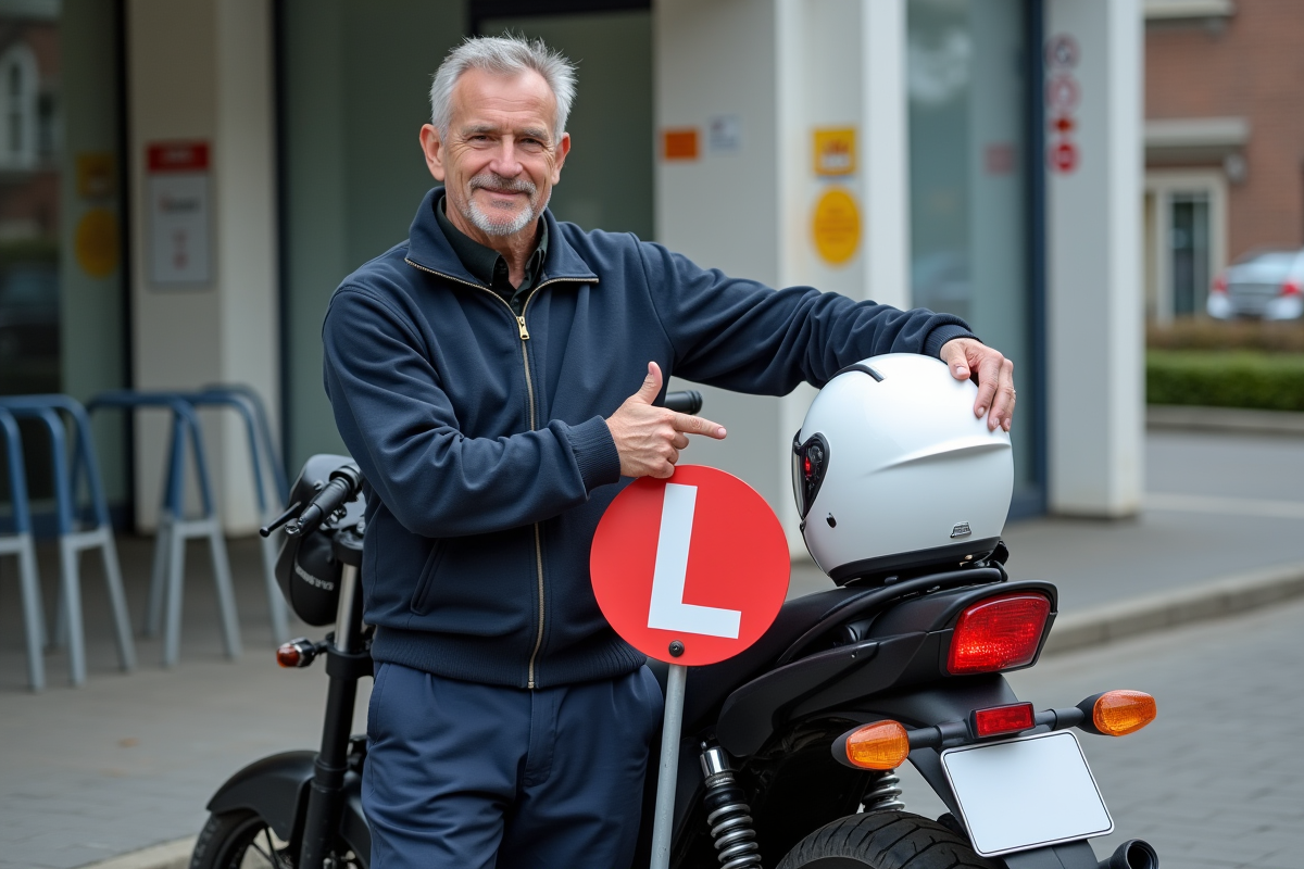 Homme avec casque devant moto avec signe L dans une école de conduite