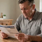 Homme examinant attentivement une carte grise à la table de sa cuisine avant une cession de véhicule