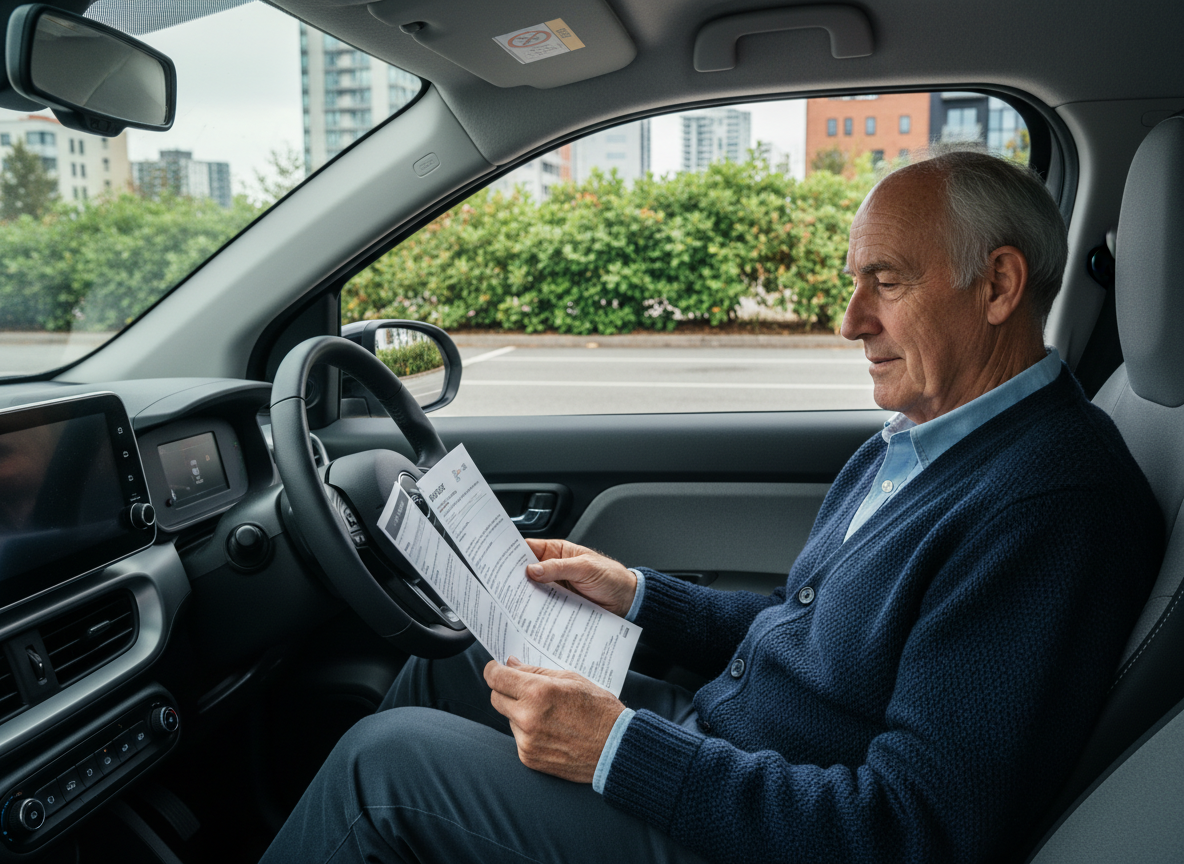 Homme âgé dans voiture électrique lisant un document