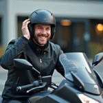 Homme souriant vérifiant un intercom sur son casque moto