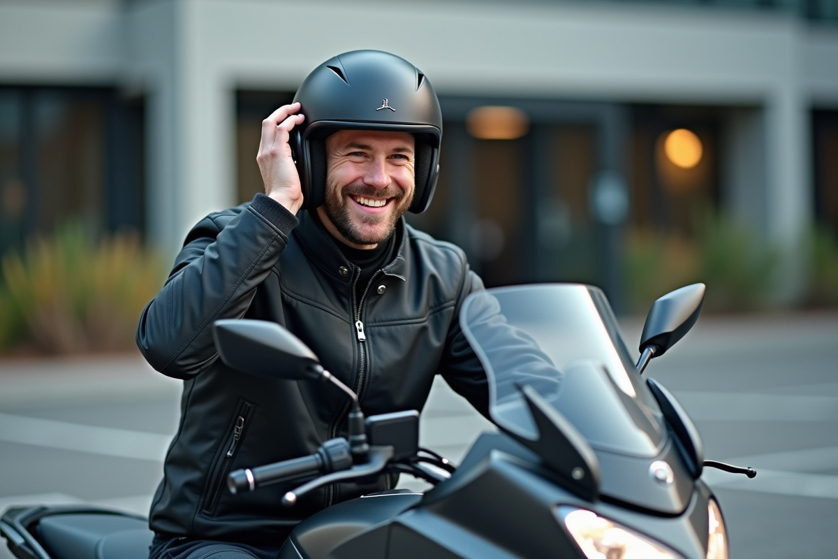 Homme souriant vérifiant un intercom sur son casque moto