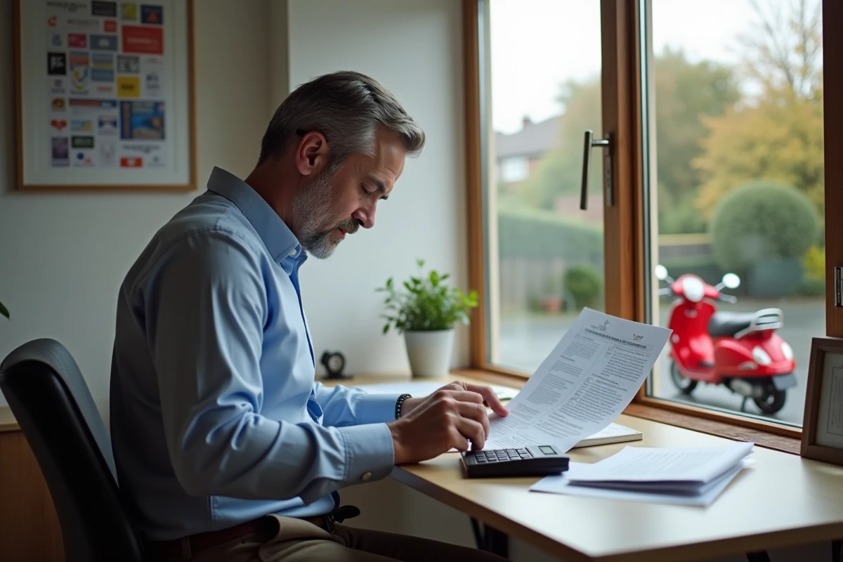 Homme lisant contrat de financement scooter à la maison