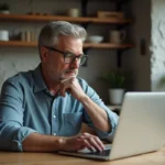 Homme d'âge moyen lisant un site d'actualités indépendant
