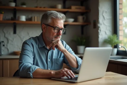 Homme d'âge moyen lisant un site d'actualités indépendant