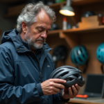Homme d'âge moyen examinant un casque de vélo dans son atelier