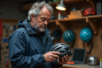 Homme d'âge moyen examinant un casque de vélo dans son atelier