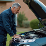 Homme en combinaison de mécanicien examine le moteur Citroen