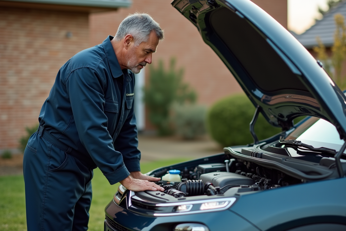Homme en combinaison de mécanicien examine le moteur Citroen