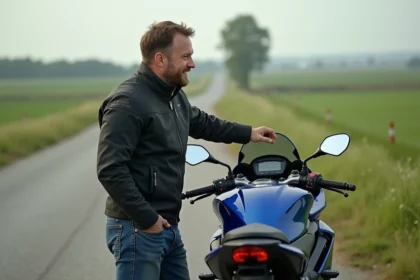 Homme ajustant la selle d'une moto 750 GSX R en extérieur