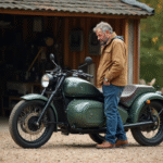 Homme d'âge moyen examine une moto sidecar en campagne