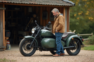 Homme d'âge moyen examine une moto sidecar en campagne