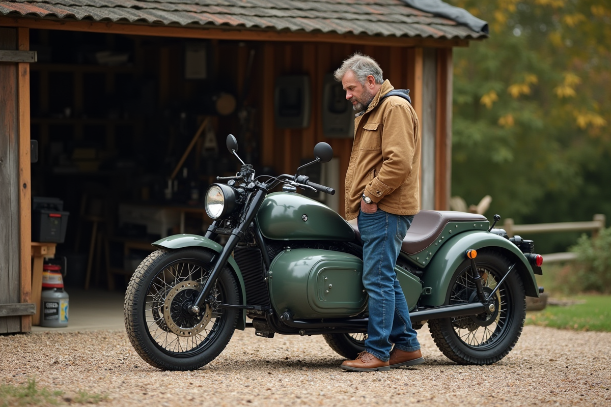 Homme d'âge moyen examine une moto sidecar en campagne