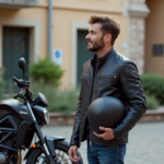 Homme avec moto et grande touring en ville