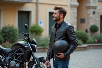 Homme avec moto et grande touring en ville
