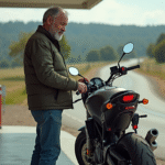 Homme d'âge moyen vérifiant la pression de son pneu de moto à la campagne