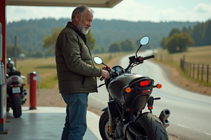 Homme d'âge moyen vérifiant la pression de son pneu de moto à la campagne