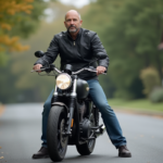 Homme en veste moto sur une moto de tourisme en ville
