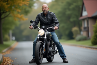 Homme en veste moto sur une moto de tourisme en ville