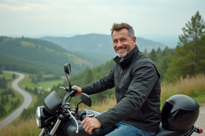 Homme d'âge moyen en veste moto et jeans sur une moto en campagne
