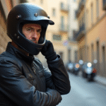 Homme espagnol en moto casque dans la ville