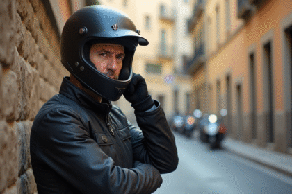 Homme espagnol en moto casque dans la ville