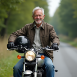 Homme âgé en blouson moto classique près d'une moto en campagne