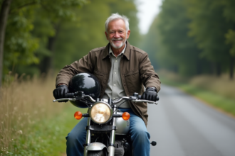Homme âgé en blouson moto classique près d'une moto en campagne