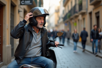 Homme espagnol ajustant son casque moto en ville