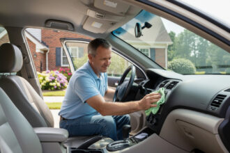 Homme nettoyant le tableau de bord de sa voiture en extérieur