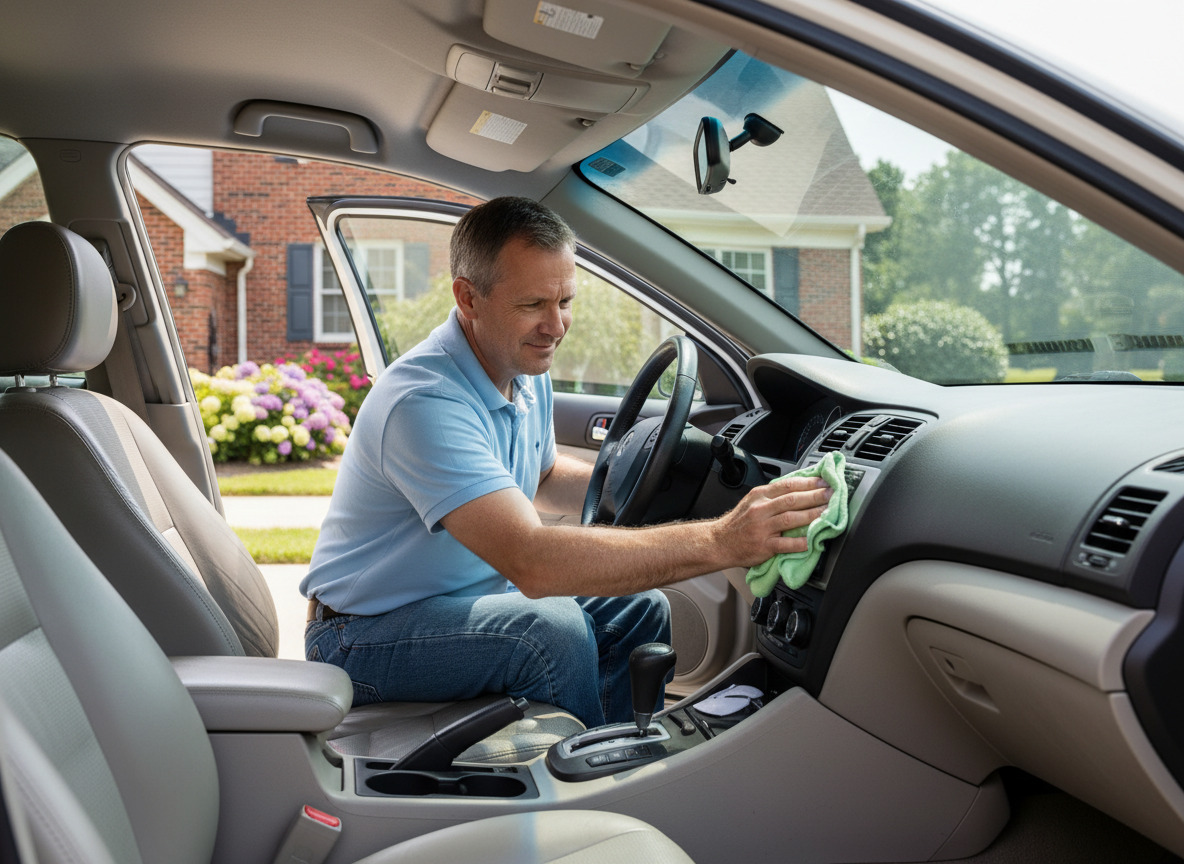 Homme nettoyant le tableau de bord de sa voiture en extérieur