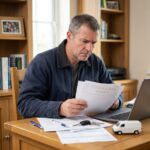 Homme d'âge moyen étudiant des documents d'assurance à son bureau