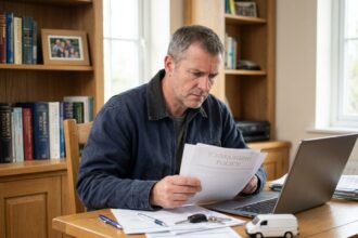 Homme d'âge moyen étudiant des documents d'assurance à son bureau