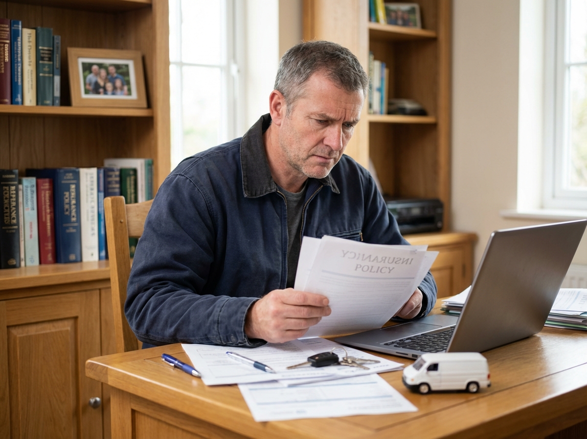 Homme d'âge moyen étudiant des documents d'assurance à son bureau