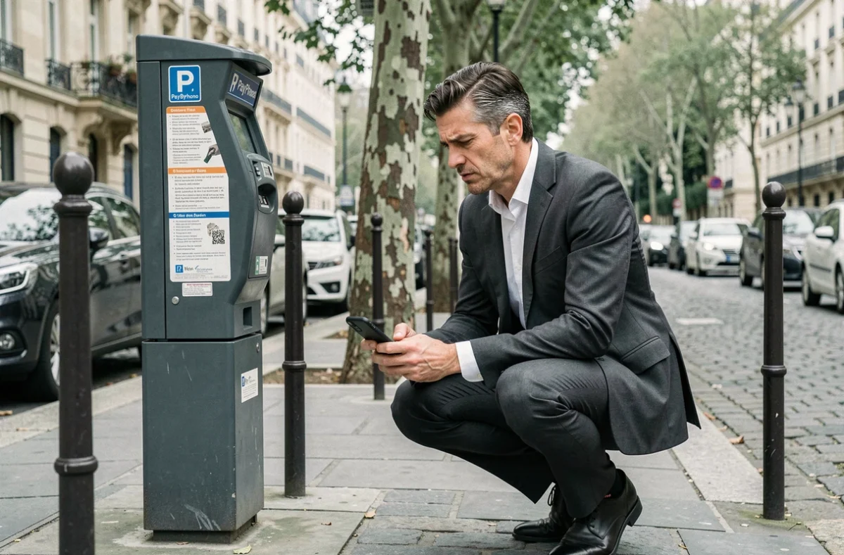 Homme d'affaires consultant un panneau de stationnement PayByPhone à Paris avec son téléphone