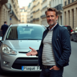 Homme français devant une voiture avec plaque F à Paris